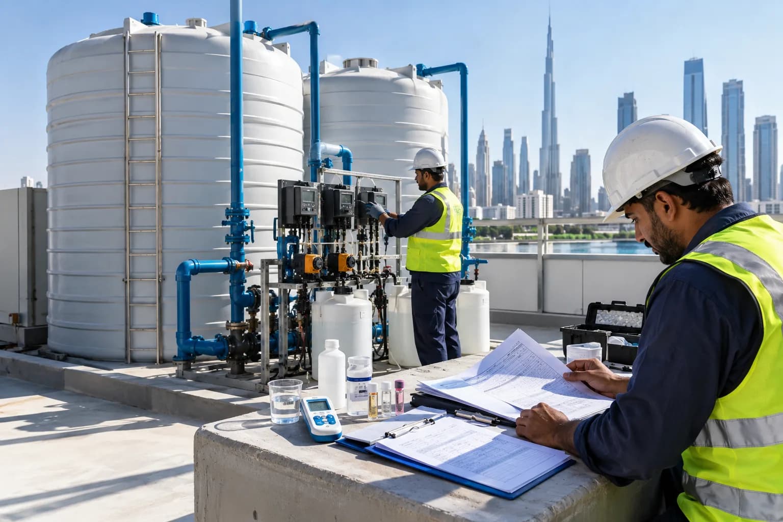 Potable water tank cleaning, chlorination, and water safety testing in Dubai