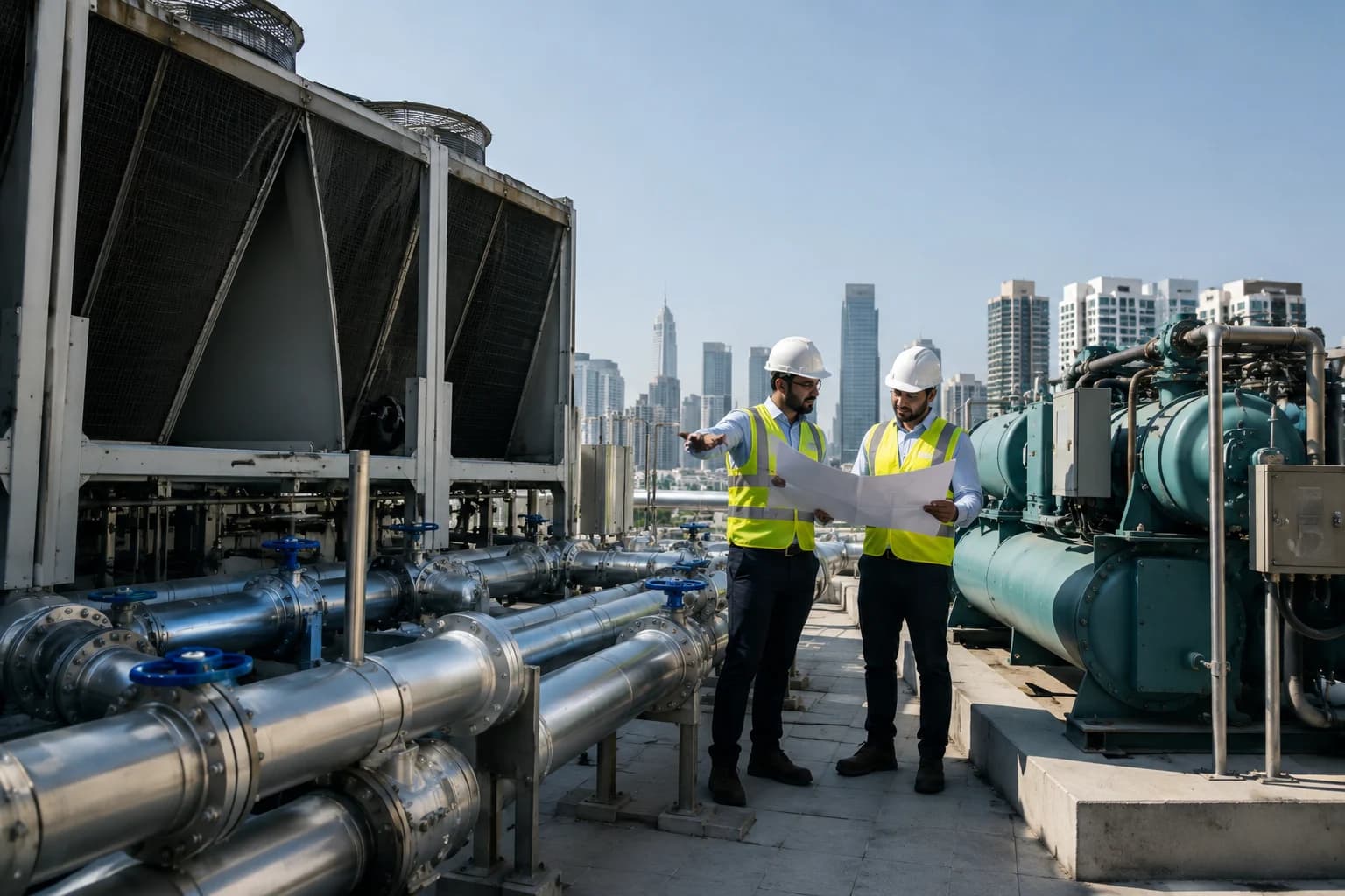 District cooling ETS plant room vs standalone chiller system comparison in Dubai
